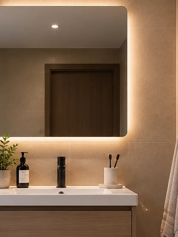 Backlit bathroom mirror above a white basin and black tap