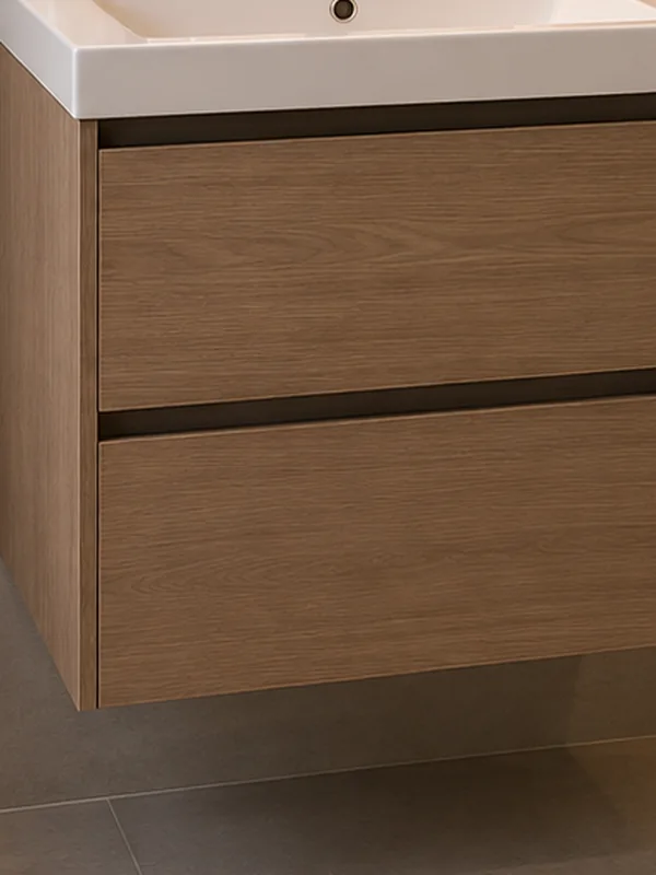 Wood-grain vanity drawer fronts with a recessed handle line