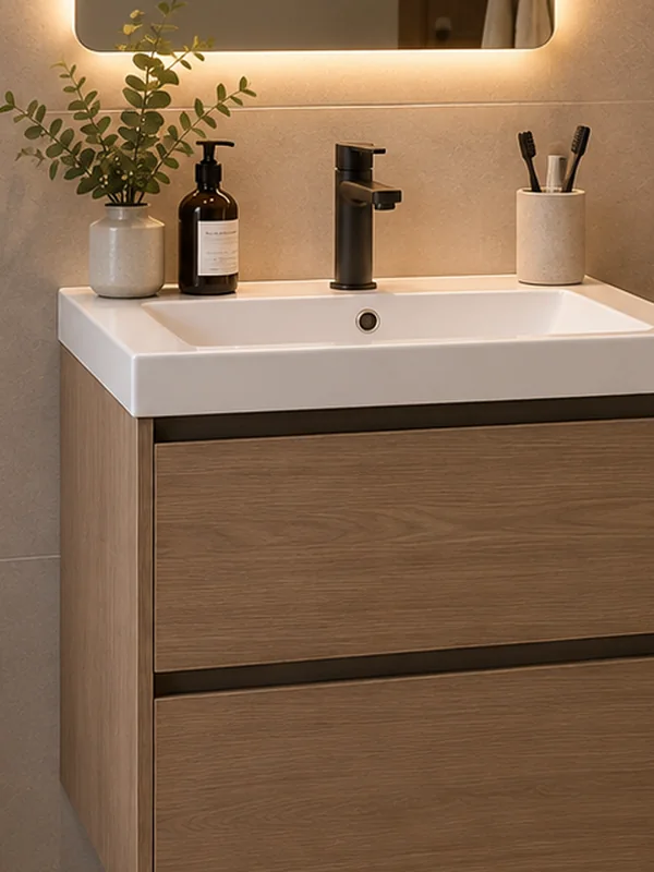 White basin, black tap and oak vanity drawers