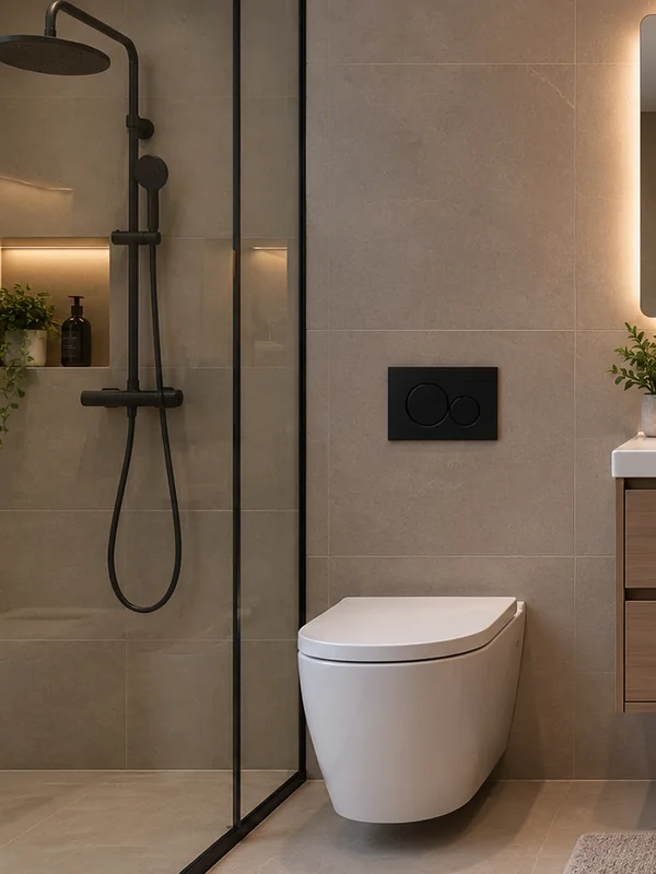 Shower screen with black fittings and a wall-hung toilet