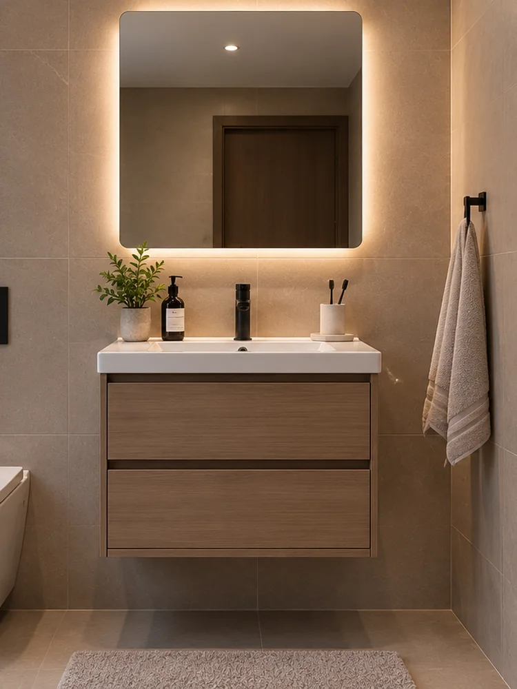 Wall-hung oak vanity with a backlit mirror, beside a wall-hung toilet