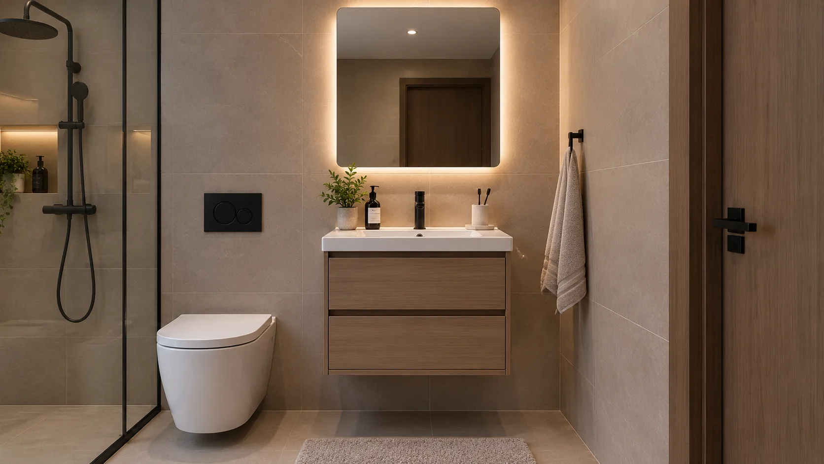 Compact bathroom with a wall-hung oak vanity and backlit mirror