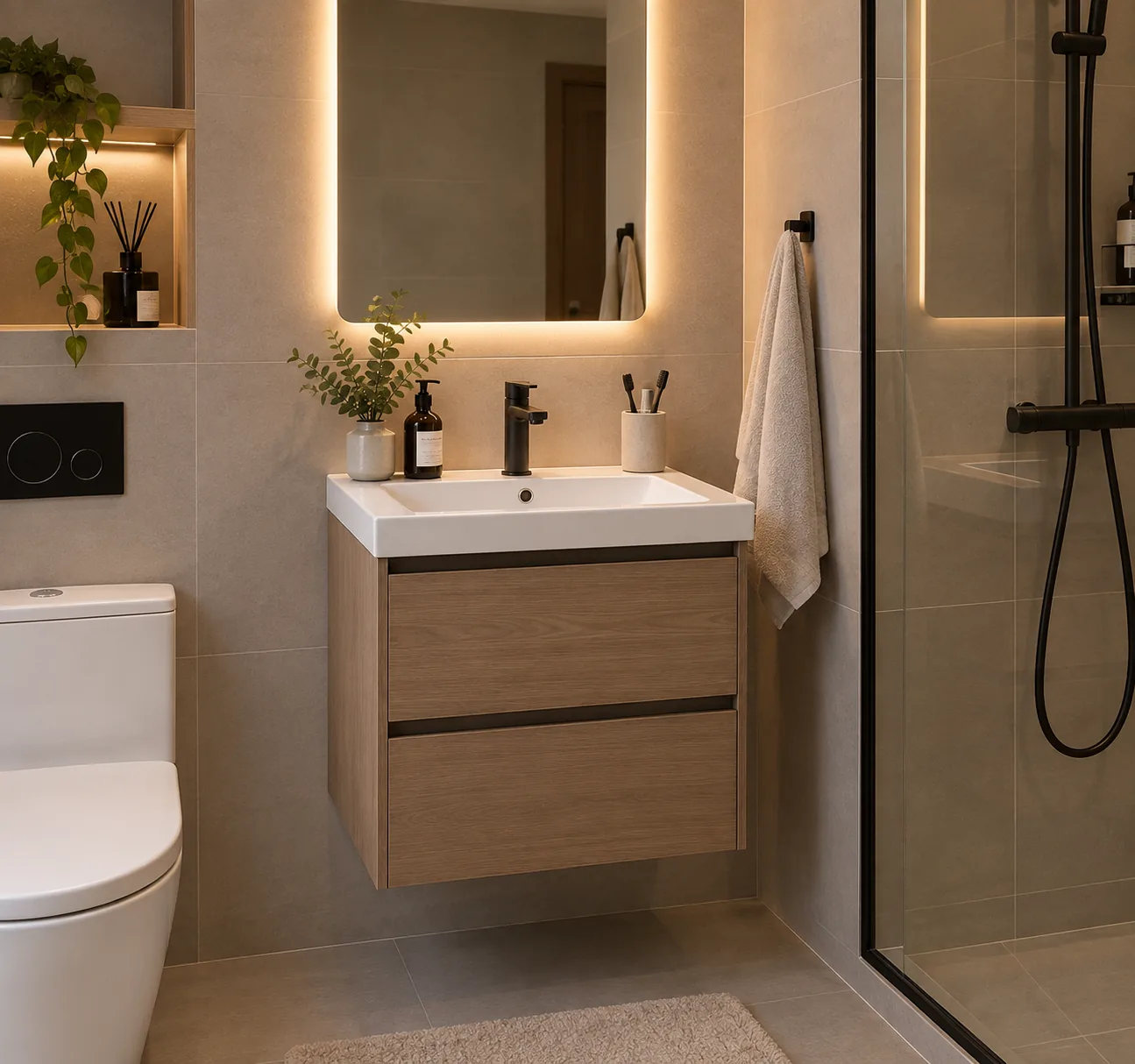 Enzo Living vanity — floating bathroom cabinet with backlit mirror