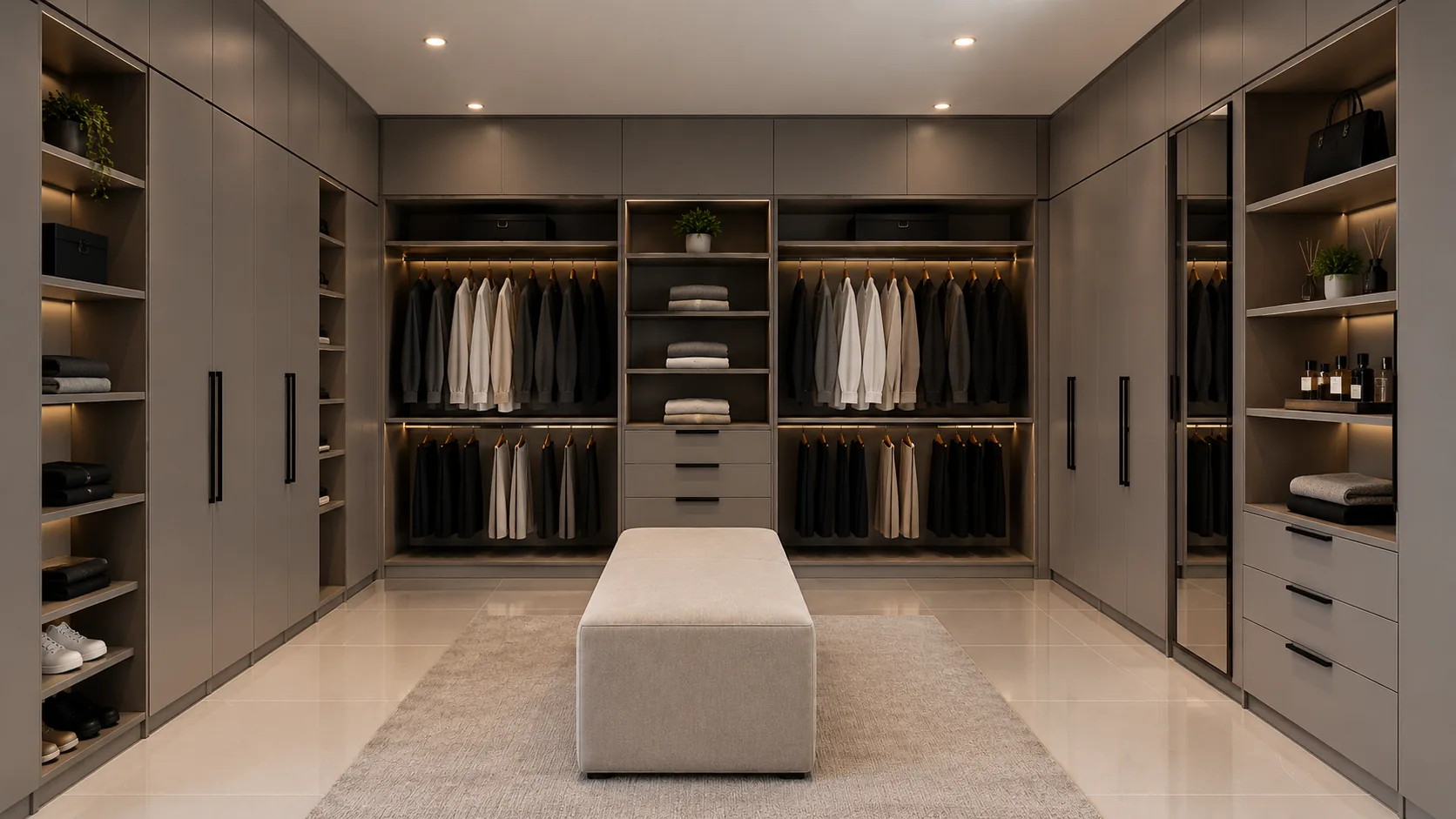 Walk-in wardrobe with lit shelving and a central bench